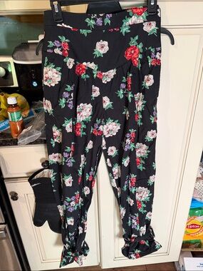 Zara Black Floral Wide-Leg Pants tie bottom
